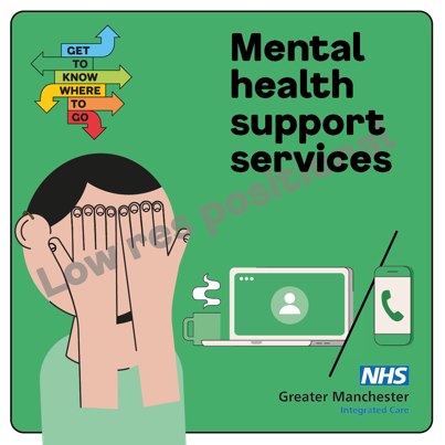 The visual contains a man covering his face with his hands, a mug of tea, a laptop, and a smartphone. The text reads mental health support services.